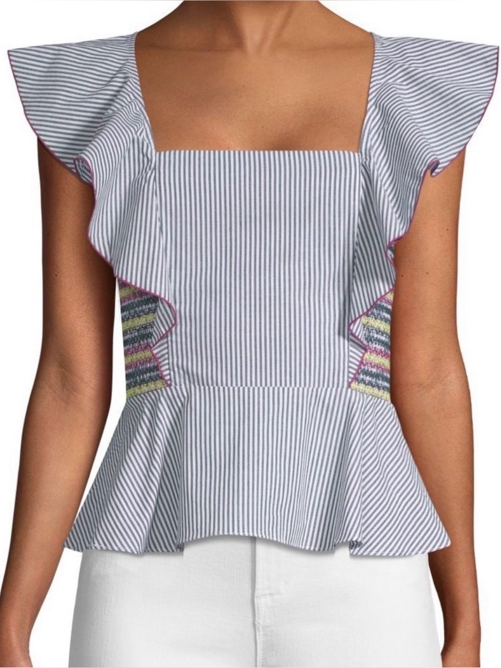 Parker Striped Square-Neck Ruffle Peplum Top - Blue/White smocking small # 1200